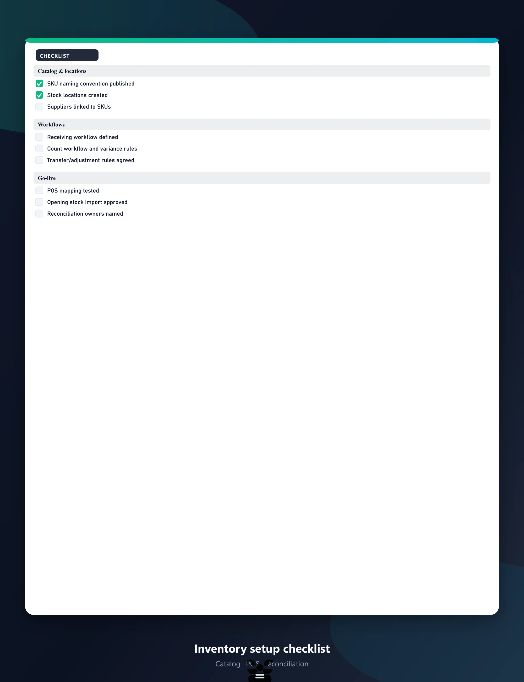 Stock controller reviewing an inventory setup checklist with catalog, location, and POS mapping sections before opening stock import