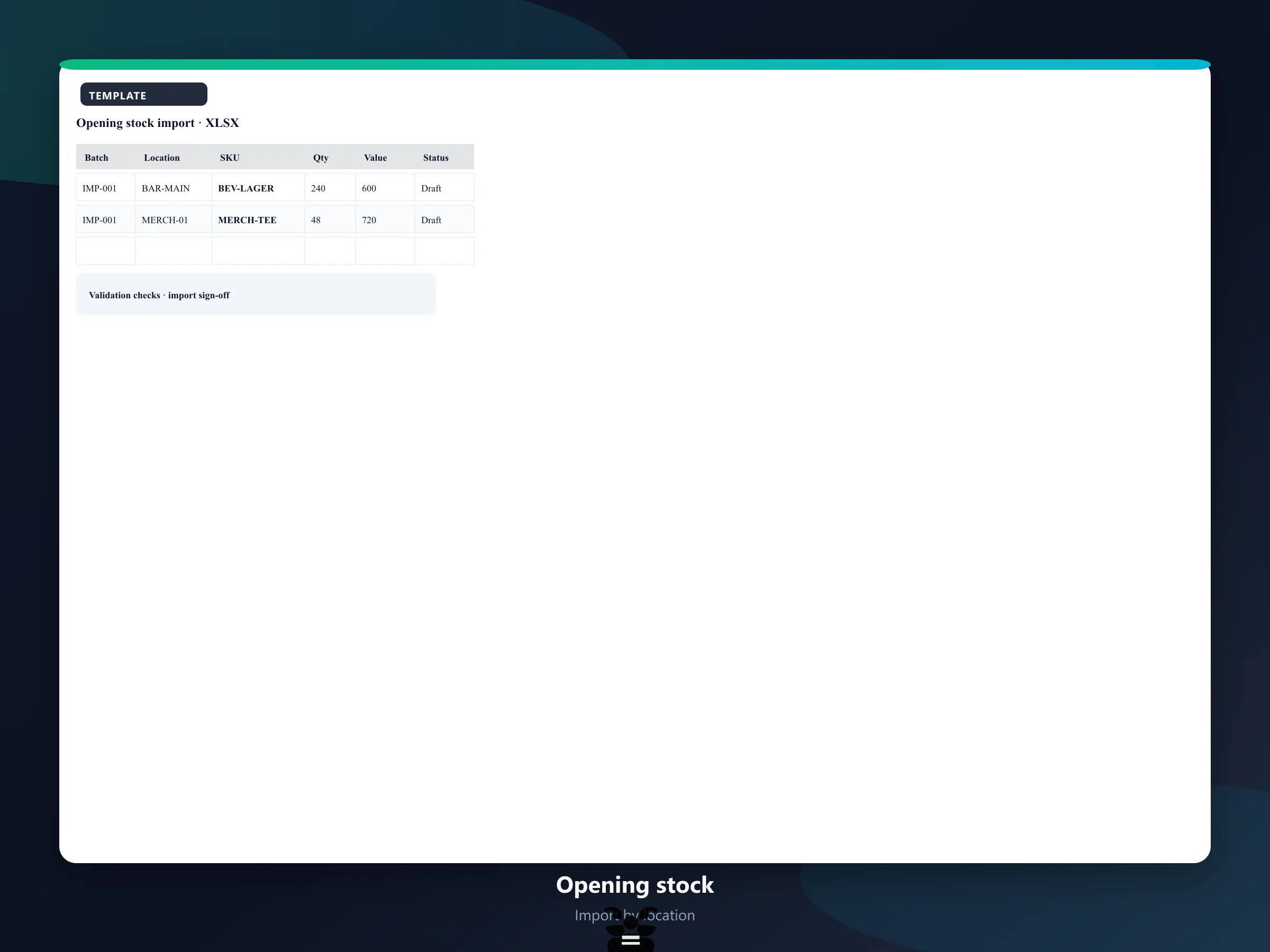 Stock controller reviewing opening stock import spreadsheet with location codes, SKUs, quantities and validation summary