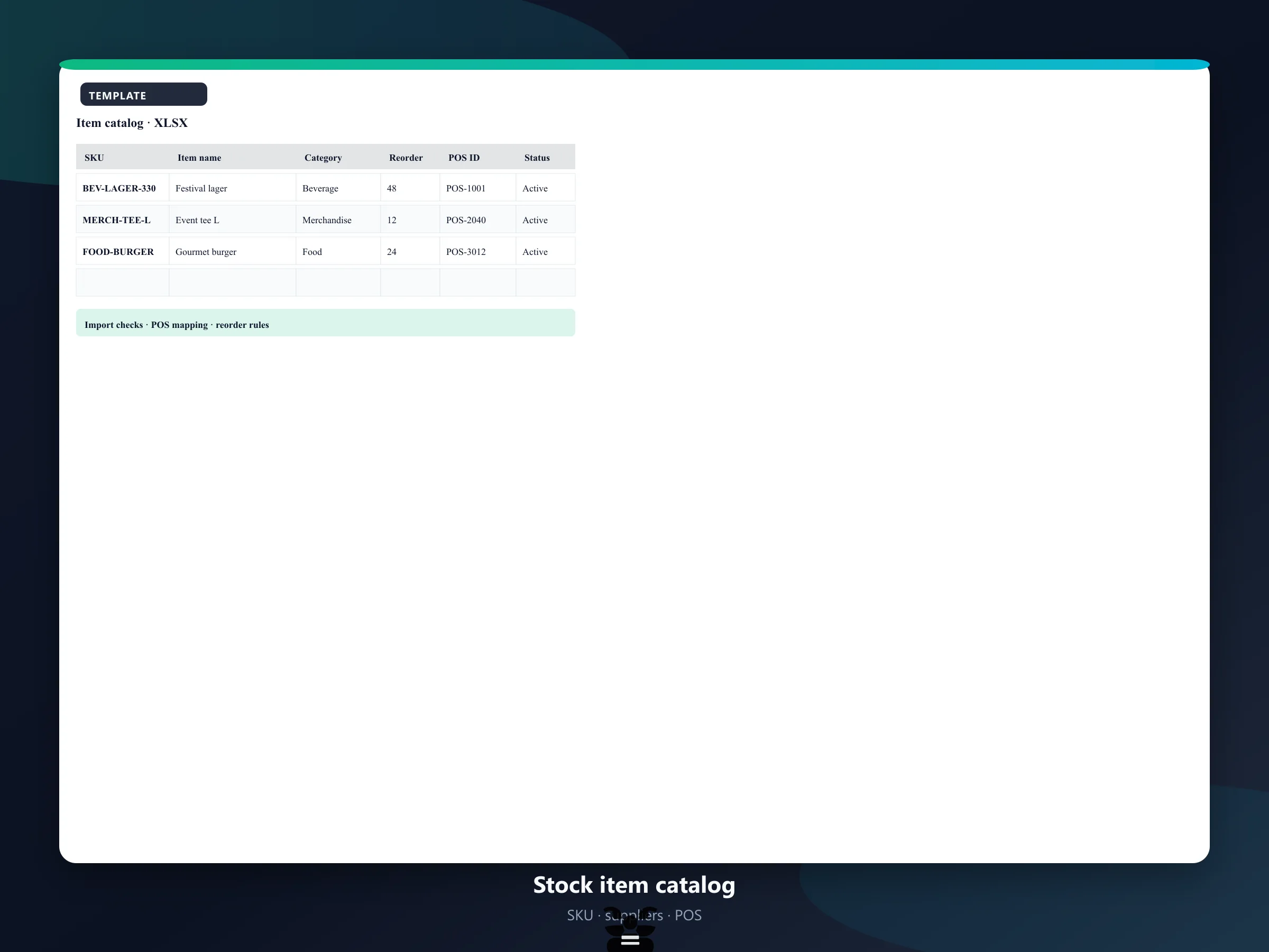 Stock controller reviewing a catalog spreadsheet with SKU, barcode, and POS mapping columns beside bar location labels